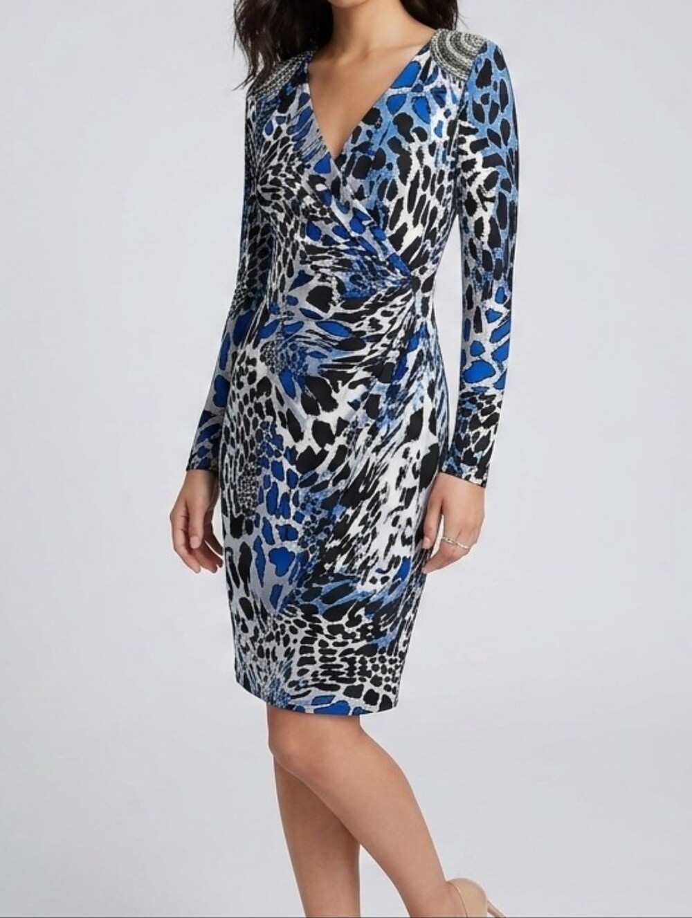 Cache | Long Sleeve Wrap Beaded Shoulder Bodycon Dress Size XS